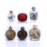 Three inside painted snuff bottles Chinese and two agate snuff bottles and a small cinnabar box (6)