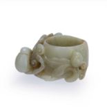 Jade brush washer Chinese carved with blossoming fruits and bats around the exterior of the