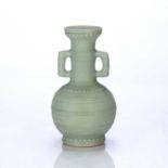 Celadon arrow vase Chinese with two handles, raised decoration and horizontal bands, 17.5cm