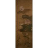 Floral scroll fragment Chinese, 17th/18th Century depicting lotus flowers, buds, and leaves, with