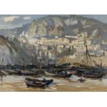 20th Century Chinese School 'A Port with fishing vessels moored' gouache, signed lower left, 37cm x