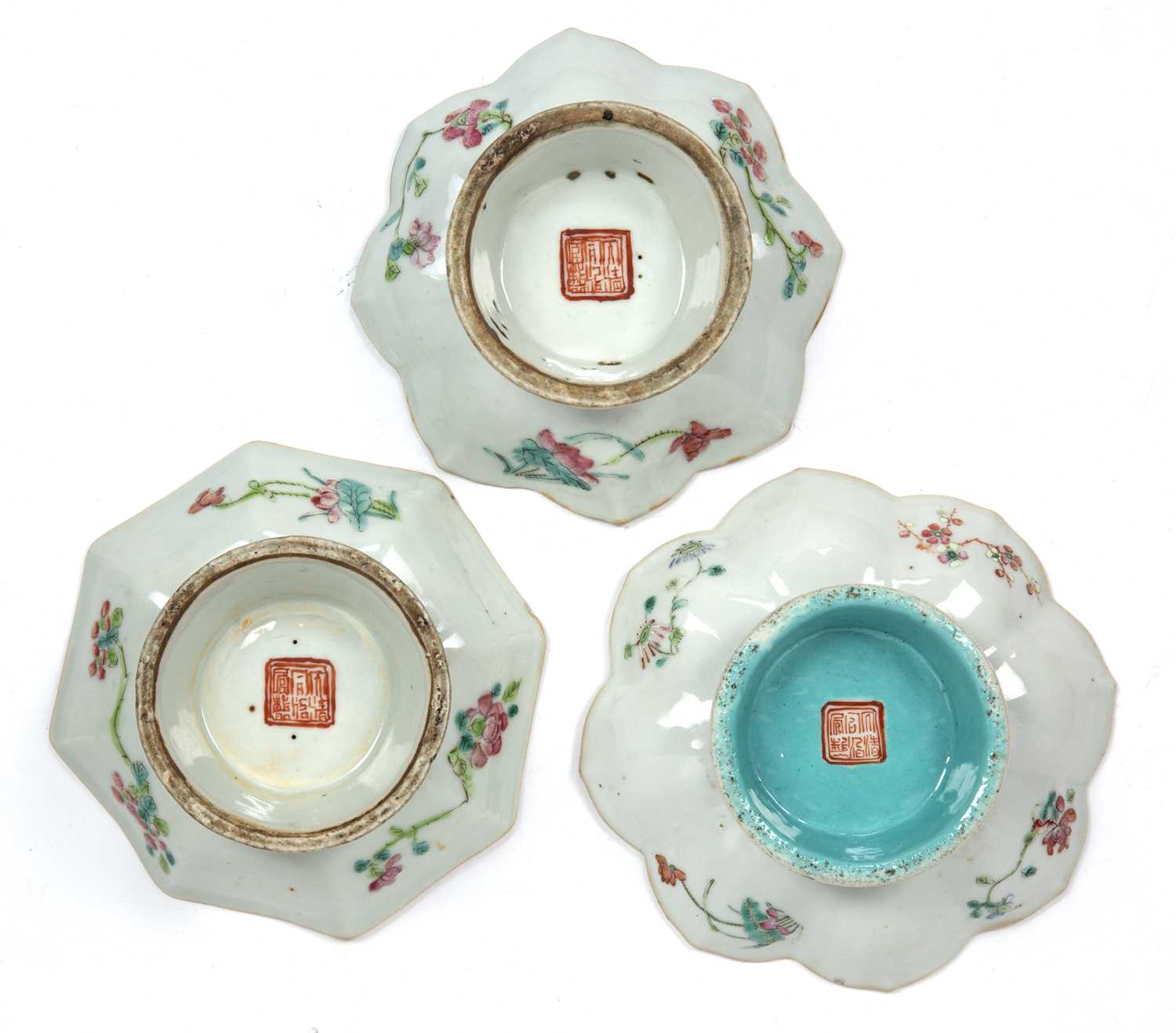 Three famille rose stem dishes Chinese, Tongzhi (1861-1875) one painted with dragons amongst clouds, - Image 2 of 2