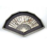 Paper and ivory fan Chinese, 18th Century painted with a garden scene, to one side and the reverse