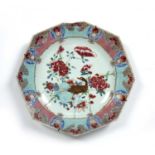 Famille rose octagonal charger Chinese, Qianlong period painted with a duck and peonies, within