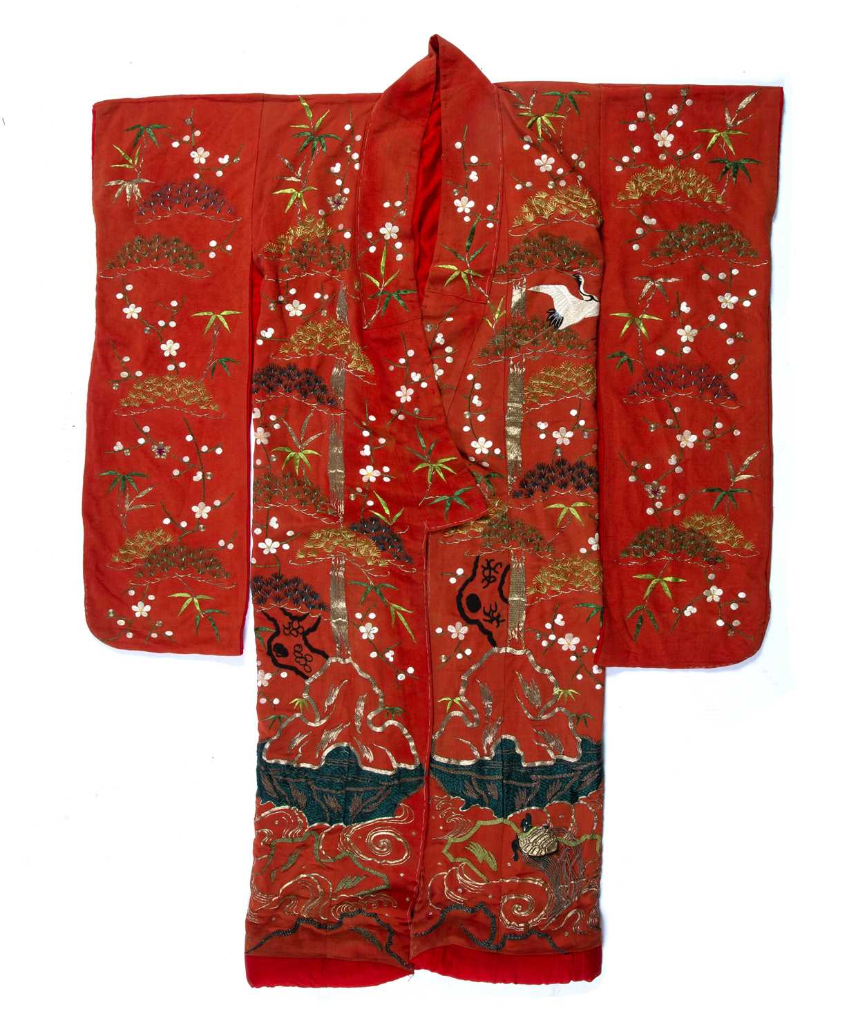 Red ground uchikake Japanese embroidered with stalks and pine trees.Condition report: Slight