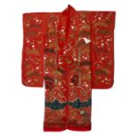 Red ground uchikake Japanese embroidered with stalks and pine trees.Condition report: Slight