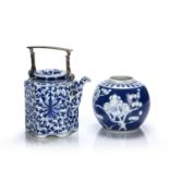 Blue and white hexagonal teapot Chinese with Indian lotus decoration and brass swing handle,14.5cm