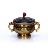 Gilt bronze archaic censer and wood cover Chinese the cover carved with ruyi, and the bronze and