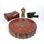 Red lacquer circular fitted box Chinese with painted dragon and ruyi decoration, 39cm diameter, a