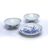 Three blue and white dishes Chinese, Guangxu mark and period comprising of a pair of dishes/bowls