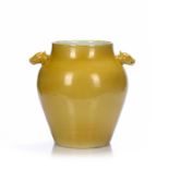 Large yellow glaze vase Chinese, 19th Century decorated with a soft yellow glaze, with two animal