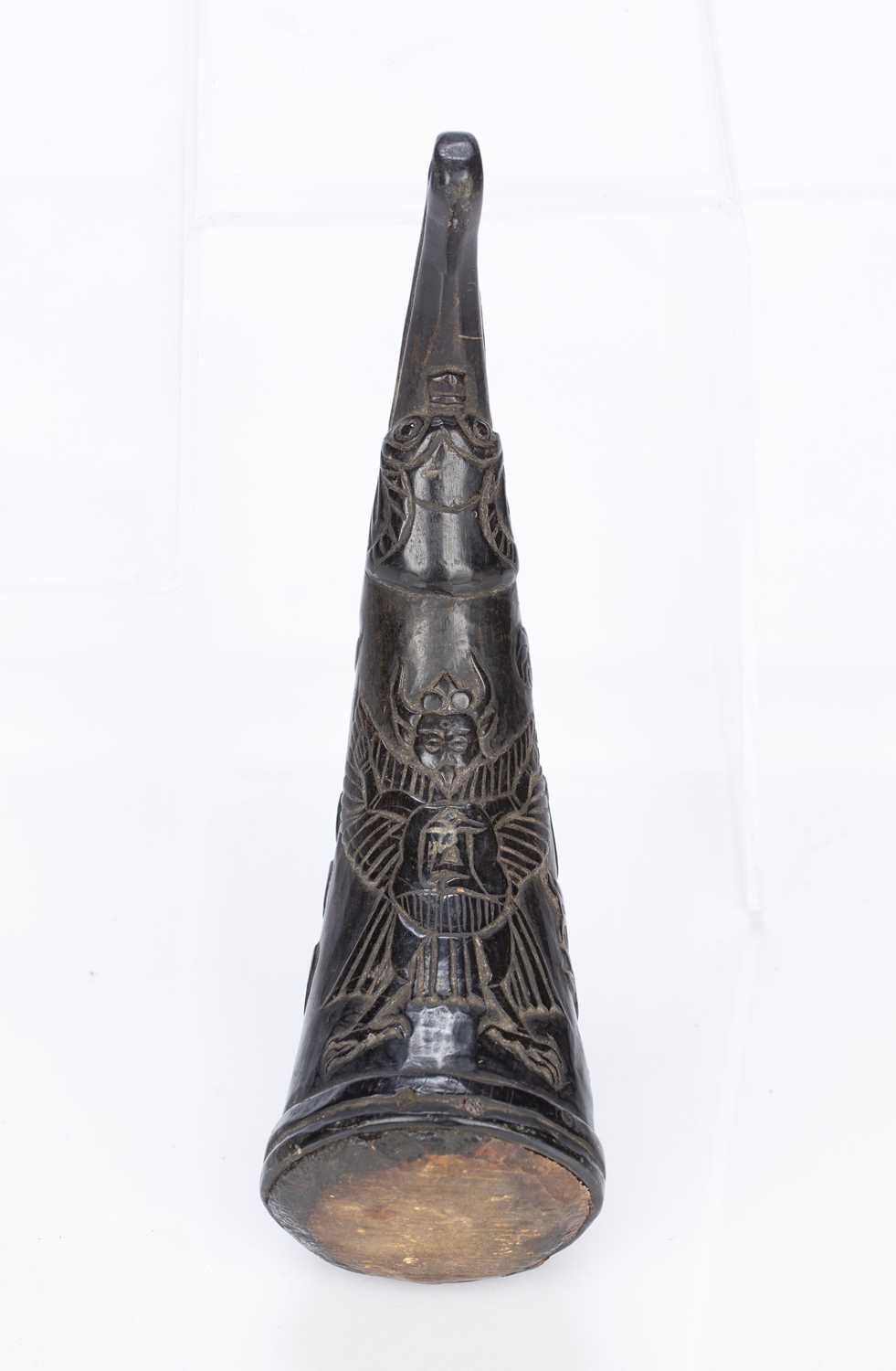 Polished horn shaman's thun-rwa Tibetan, 19th Century carved to one side with Garuda and all over - Image 4 of 7