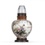 Famille rose opium lamp Chinese painted in coloured enamels with two panels, one depicting a lady