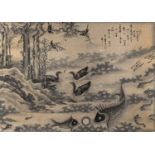 Chinese School Ducks and fish in an imagined landscape, on silk, signed with two red seals and