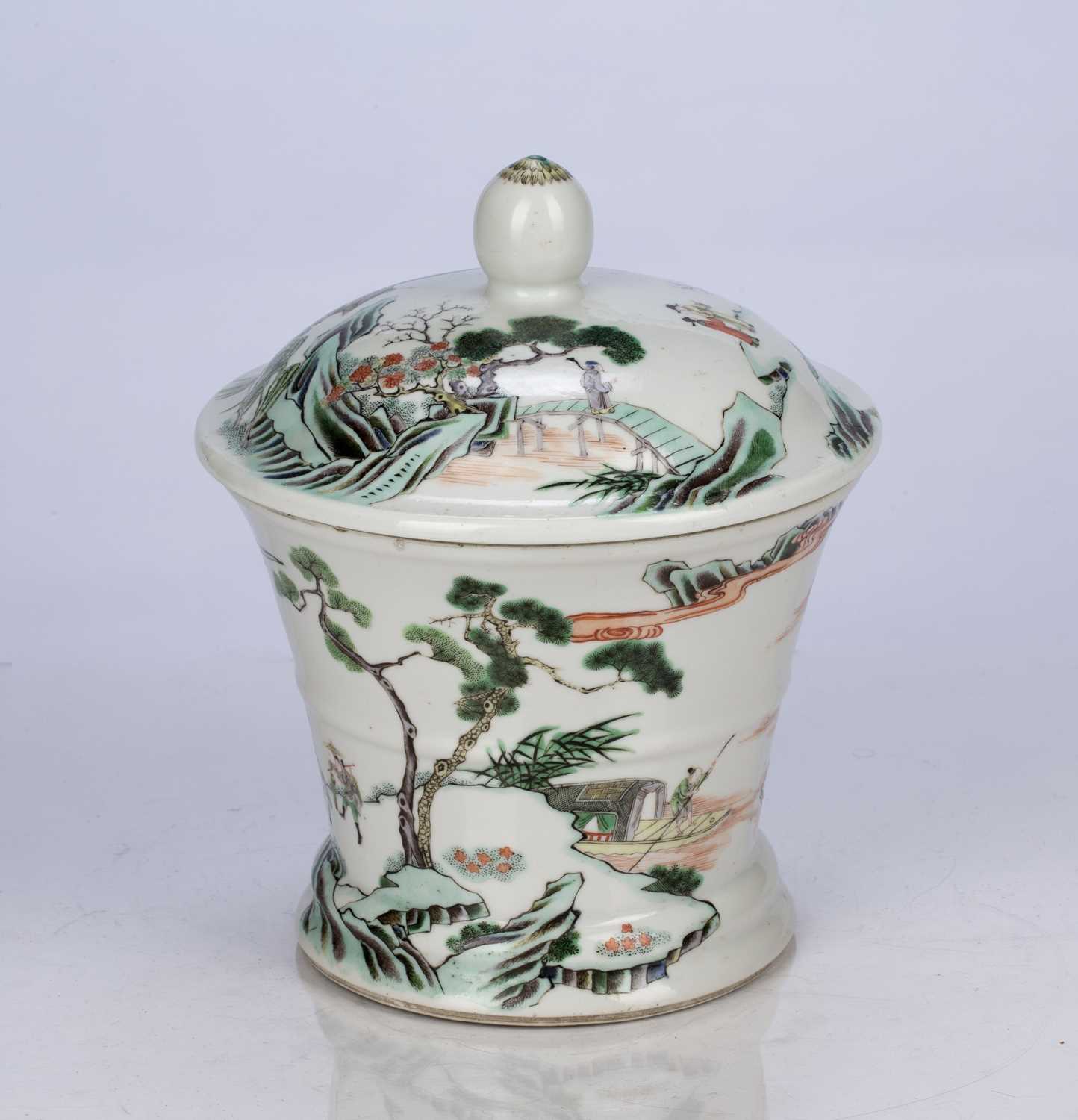 Famille verte lidded jar/brush pot Chinese, 19th Century decorated with figures in a mountainous - Image 2 of 9