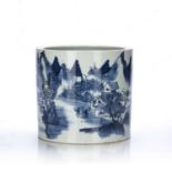 Blue and white bitong Chinese, late 19th Century painted with a mountainous landscape, 18cm