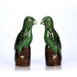 Pair of pottery models of parrots Chinese export, late 19th Century green glaze, with black