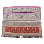 Two altar cloths Chinese one with Immortal, stalk and other auspicious subjects, 107cm x 43cm, and