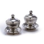 Islamic silver coloured metal sweetmeat bowls Persian each with engraved cover and stand, 16cm