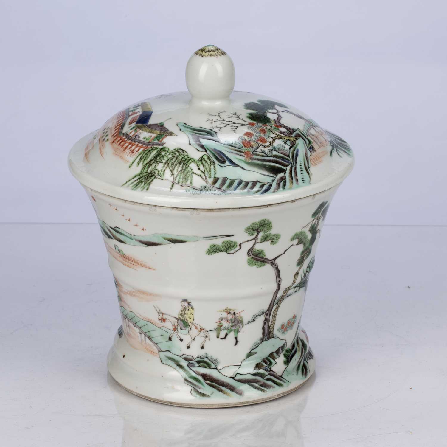 Famille verte lidded jar/brush pot Chinese, 19th Century decorated with figures in a mountainous - Image 5 of 9