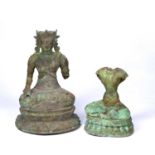 Two Buddhist relics Tibetan the first a torso of (Vairochana) Buddha on a double lotus base 19.5cm