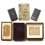 Group of Islamic pieces Persian to include two printing blocks, a pair of mounted and framed