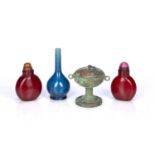 Small archaic lidded vessel Chinese 7cm high, a miniature blue bottle vase 9cm and two red Peking