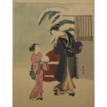 Suzuki Harunobu (1725-1770) 'Young woman admiring a snow rabbit' Japanese woodblock print,