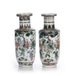 Pair of famille verte rouleau form vases Chinese, 19th Century enamelled with a continuous view of