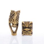 Bone netsuke Japanese, Meiji mid 19th Century of expressive demon mask of Hannya and another of a