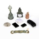 Group of miniature pieces Chinese to include an archaic bell in the form of a stupa, 12.5cm high,