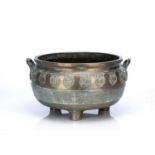 Bronze large ding/censer Chinese, 19th Century with ruyi handles and engraved bands on three