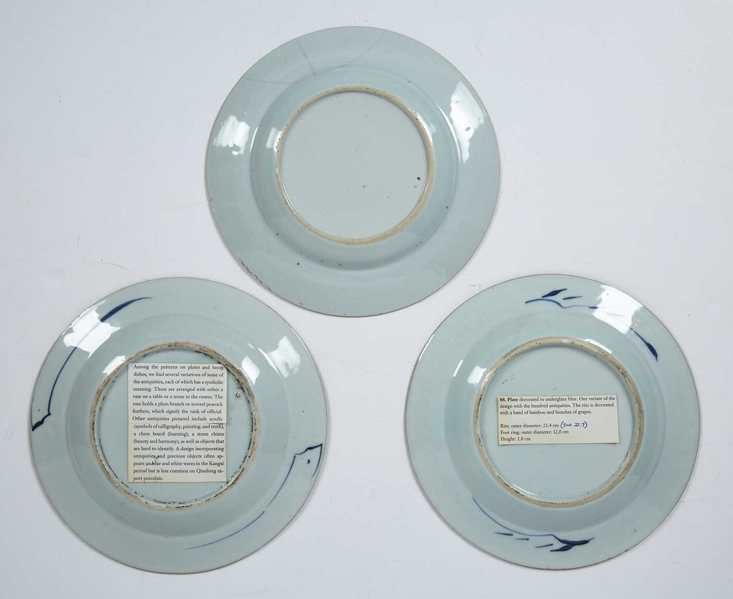 Pair of blue and white plates Chinese, Kangxi each painted with 'antiques' and with foliate borders, - Image 2 of 2