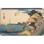 Utagawa 'Ando' Hiroshige (1797-1858) 'View of the Kanagawa station at sunset' Japanese woodblock