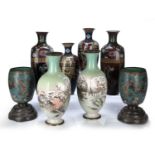 Four pairs of cloisonne vases Chinese and Japanese, 19th Century to include a square pair of vases