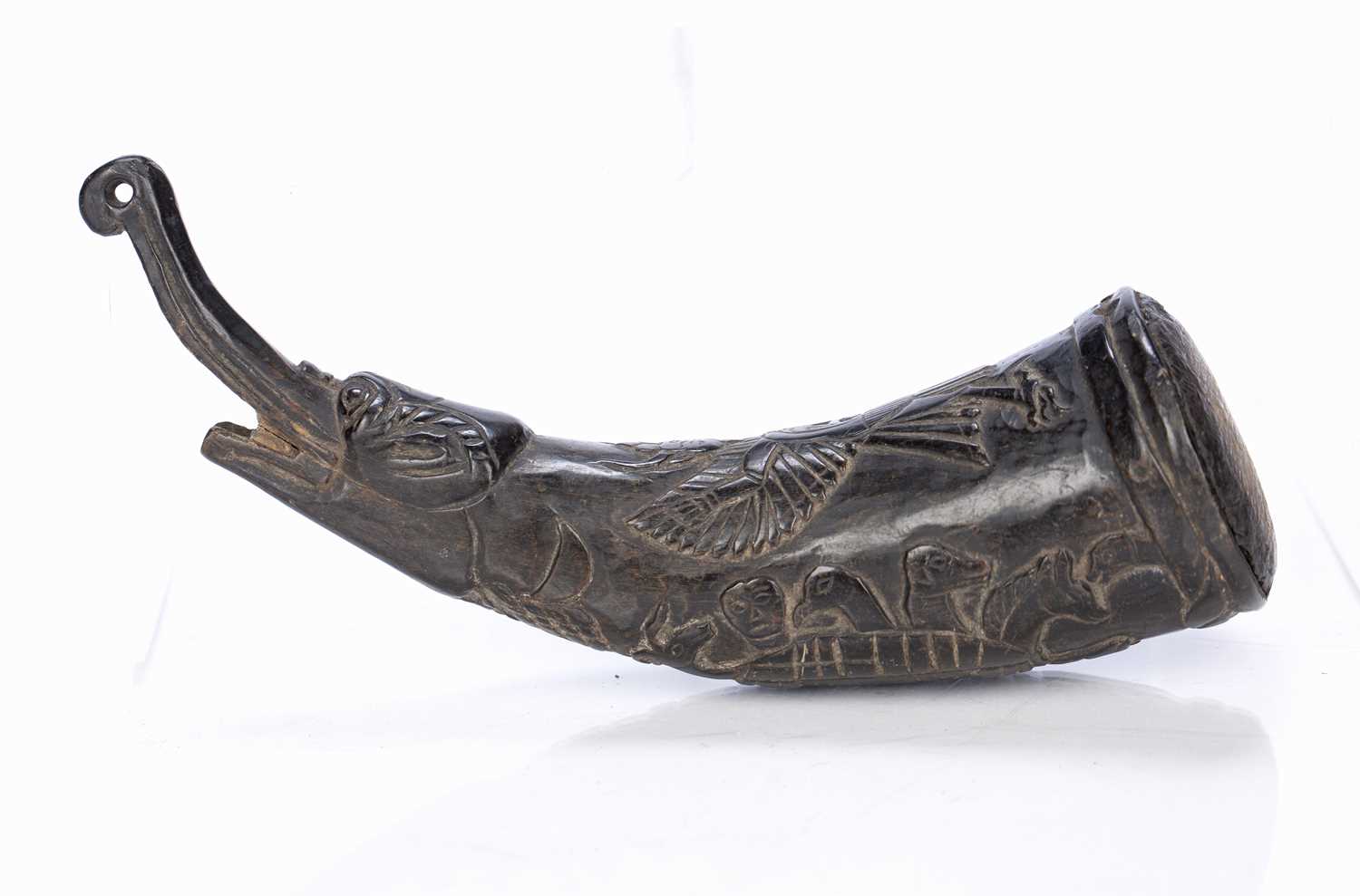 Polished horn shaman's thun-rwa Tibetan, 19th Century carved to one side with Garuda and all over - Image 6 of 7