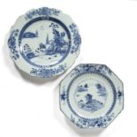 Blue and white porcelain shaped charger Chinese, circa 1800 with scholars in a river landscape