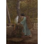 Attributed to M I Mikuni (20th Century Japanese School) 'Bijin tending a garden' oil on canvas,