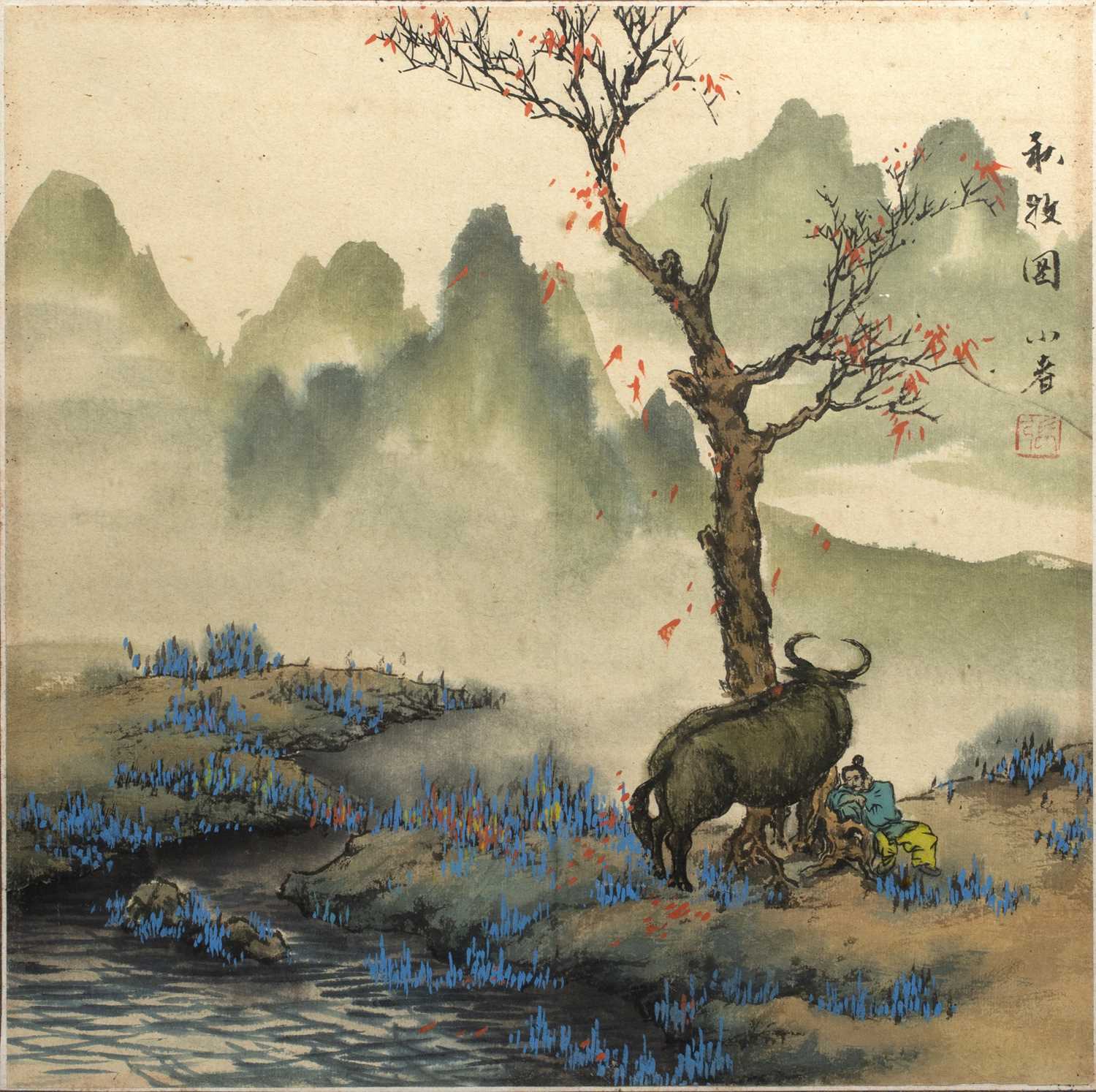 20th Century Chinese School 'Man and Ox under a flowering tree' watercolour on paper, seal marks top