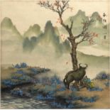 20th Century Chinese School 'Man and Ox under a flowering tree' watercolour on paper, seal marks top