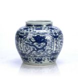 Blue and white jar Chinese decorated with four panels of dragons, with floral splays all around,