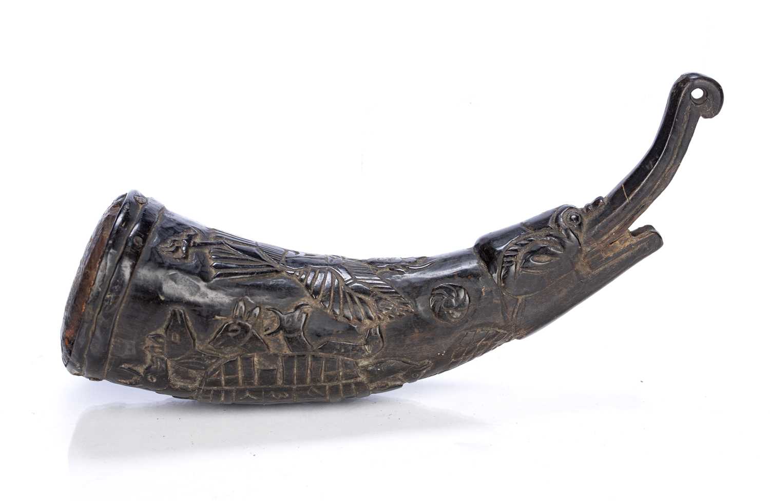 Polished horn shaman's thun-rwa Tibetan, 19th Century carved to one side with Garuda and all over - Image 7 of 7