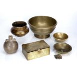 Group of Islamic metalware Egypt, Iran, and India to include an engraved brass box, 16.5cm, a flask,