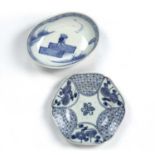 Two Arita blue and white dishes Japanese one heart-shaped painted with a fisherman, 15.5cm across