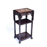 Hardwood and marble three tier stand Chinese, late 19th Century with carved openwork border, 30cm