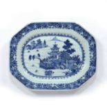 Export blue and white meat dish Chinese, circa 1800 with typical Willow type scene, 34cm x 26.