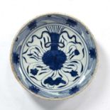 Blue and white dish Chinese, 18th/19th Century painted with a central lotus and ribbons within a