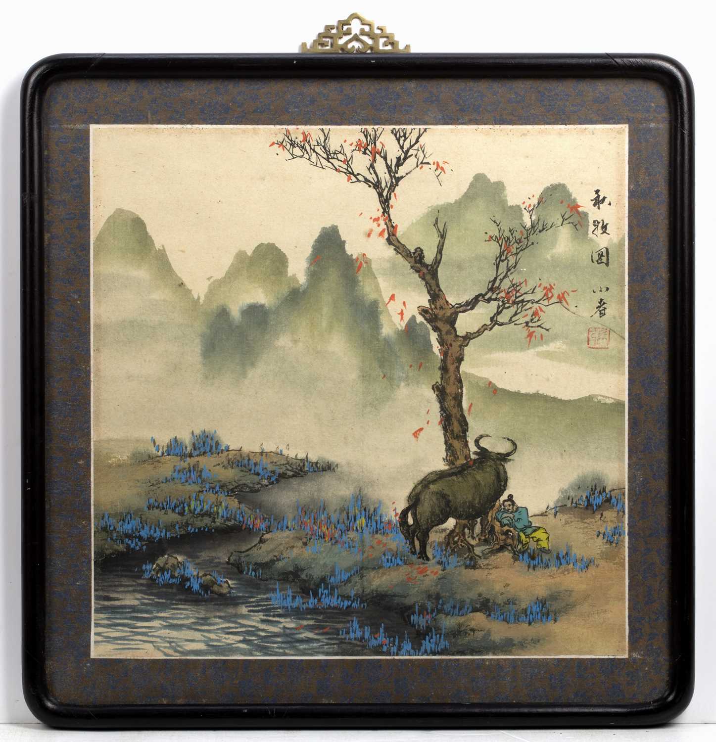 20th Century Chinese School 'Man and Ox under a flowering tree' watercolour on paper, seal marks top - Image 2 of 3