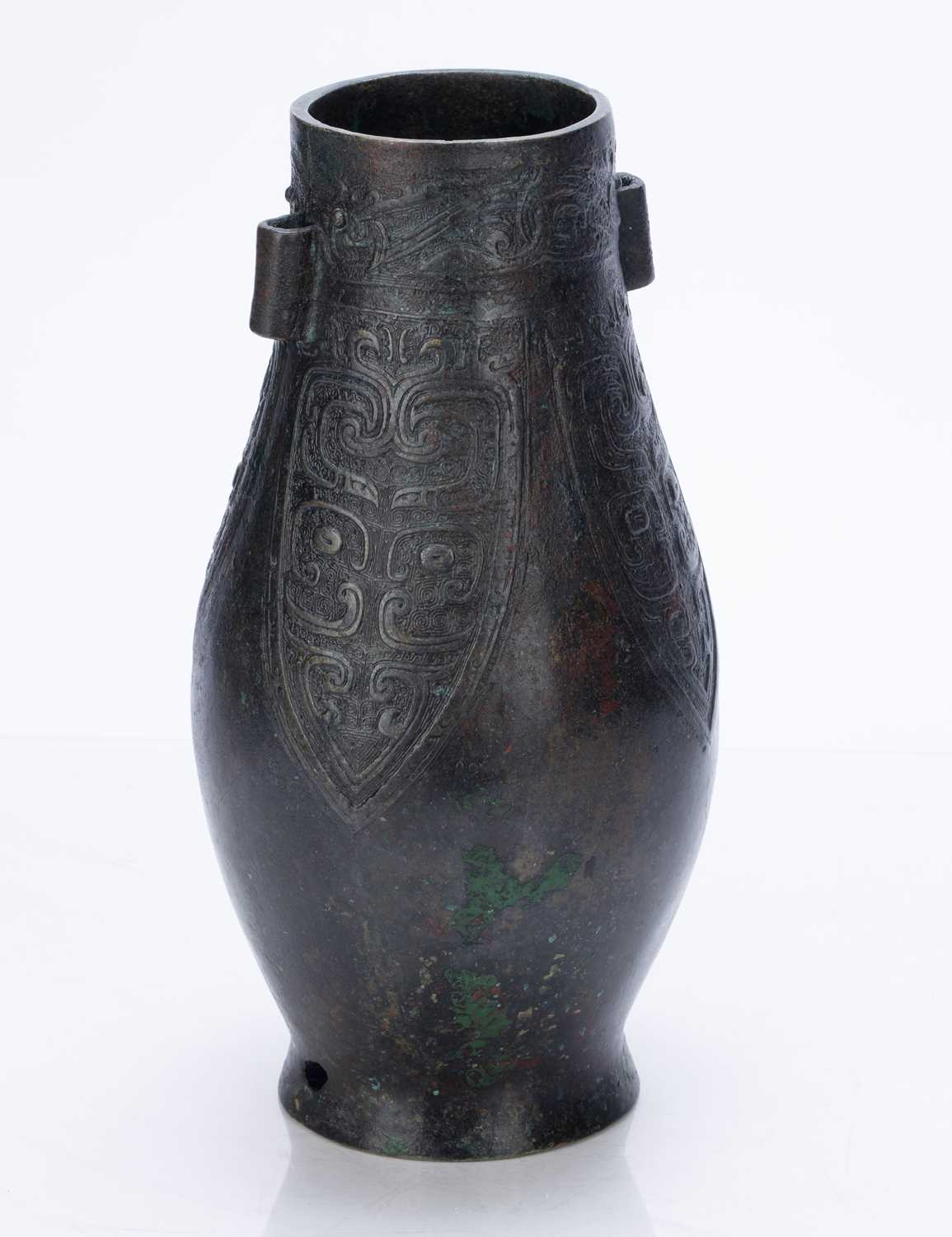 Bronze arrow vase in the Western Zhou style Chinese with taotie panels and incised four character - Image 3 of 8