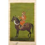 Mughal miniature Indian, 19th Century depicting a prince on horseback, set against a green